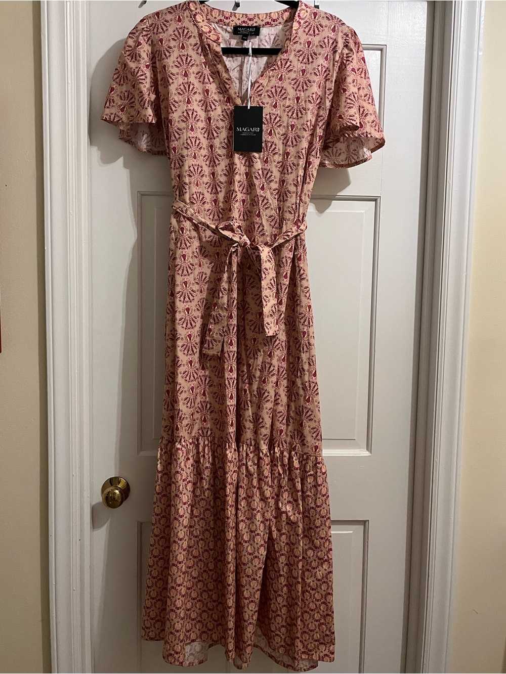 Pink Printed Maxi Dress with Tie Waist
